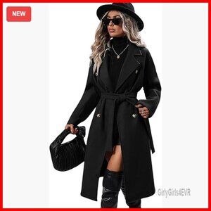 Long Wool Pea Coat Double Breasted Trench Belted Winter Overcoat Fitted